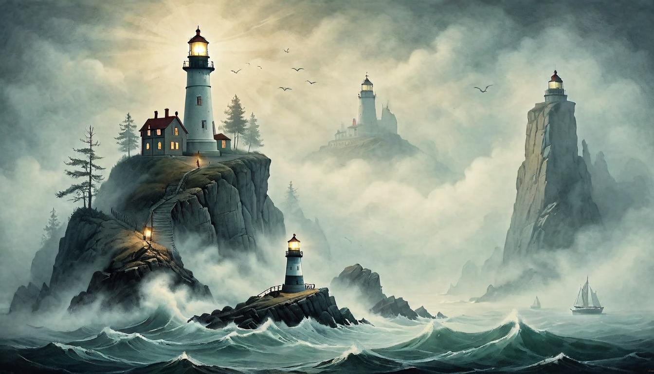  on parchment, surrealism+++, A lighthouse beacon piercing through fog, guiding ships home. Lighthouse stands on a rocky cliff, beam cuts through dense fog, symbol of guidance, beacon of truth, steadfast in adversity(mysterious, provocative, symbolic,muted color)+++