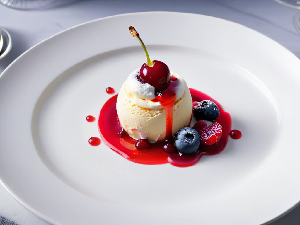  A closeup, ultradetailed image of a scoop of creamy vanilla ice cream drizzled with vibrant red berry sauce, sitting on a sleek, modern white plate. The vanilla ice cream is perfectly smooth with tiny flecks of vanilla bean visible, and the red berry sauce glistens under the light, showcasing the plump berries within. The plate is set against a soft, neutral background to enhance the minimalist aesthetic, highlighting the freshness and simplicity of this delightful spring dessert. hyperrealistic, full body, detailed clothing, highly detailed, cinematic lighting, stunningly beautiful, intricate, sharp focus, f/1. 8, 85mm, (centered image composition), (professionally color graded), ((bright soft diffused light)), volumetric fog, trending on instagram, trending on tumblr, HDR 4K, 8K