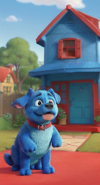  {Max the big blue dog standing in front of a cozy little house with a red door, The big blue dog is large with sky blue fur, big round eyes, a black nose, and floppy ears.