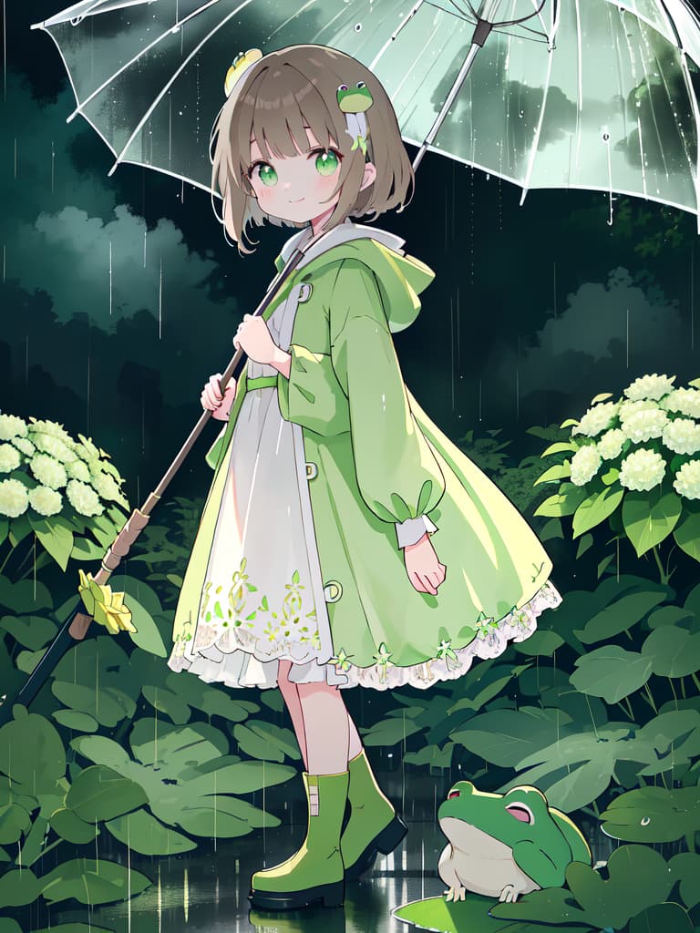  Cute,,young ,frog,brown hair,raincoat,green raincoat,yellow boots,smile,rainy,green eyes,frog hair ornament,pointing to yellow umbrella,rain clouds,rainy sky,cloudy,hydrangea,rainy season、ultra detailed,best shadow,cute and beautiful face,(masterpiece:1.2),(best quality:1.2),detailed background,high contrast,(best illumination,an extremely delicate and beautiful),((cinematic light)),hyper detail,dramatic light,intricate details,8k,anime,very aesthetic, masterpiece, best quality,8k,ultra detailed,high resolution,an extremely delicate and beautiful,hyper detail