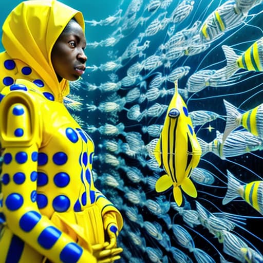  an African women in a yellow raincoat surrounded by blue and white striped robotic fishes, stable diffusion, absolute reality v1.6, perfect symmetry, photo realistic raw, in the style of hr giger and wes anderson colour palette