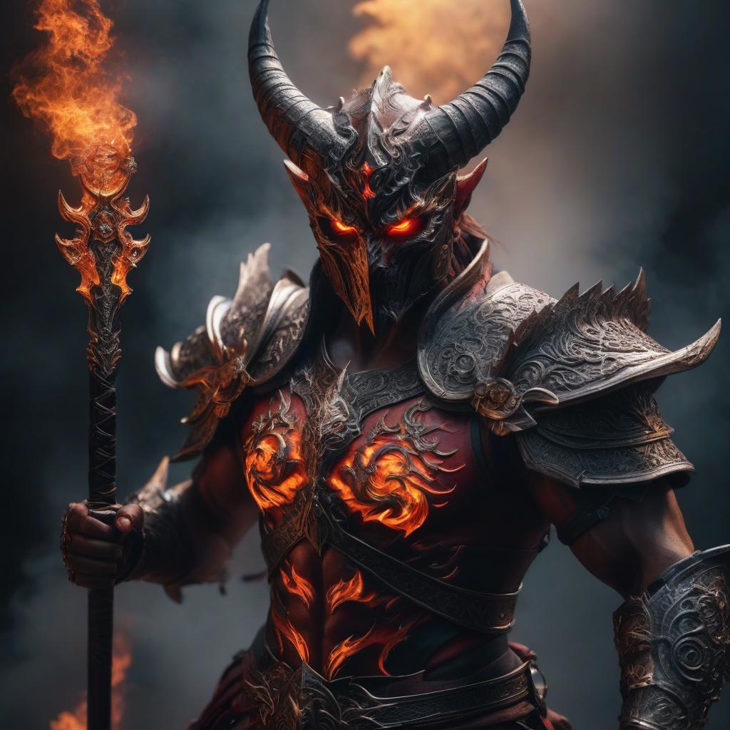  Demon of fire with a two handed sword. hyperrealistic, full body, detailed clothing, highly detailed, cinematic lighting, stunningly beautiful, intricate, sharp focus, f/1. 8, 85mm, (centered image composition), (professionally color graded), ((bright soft diffused light)), volumetric fog, trending on instagram, trending on tumblr, HDR 4K, 8K