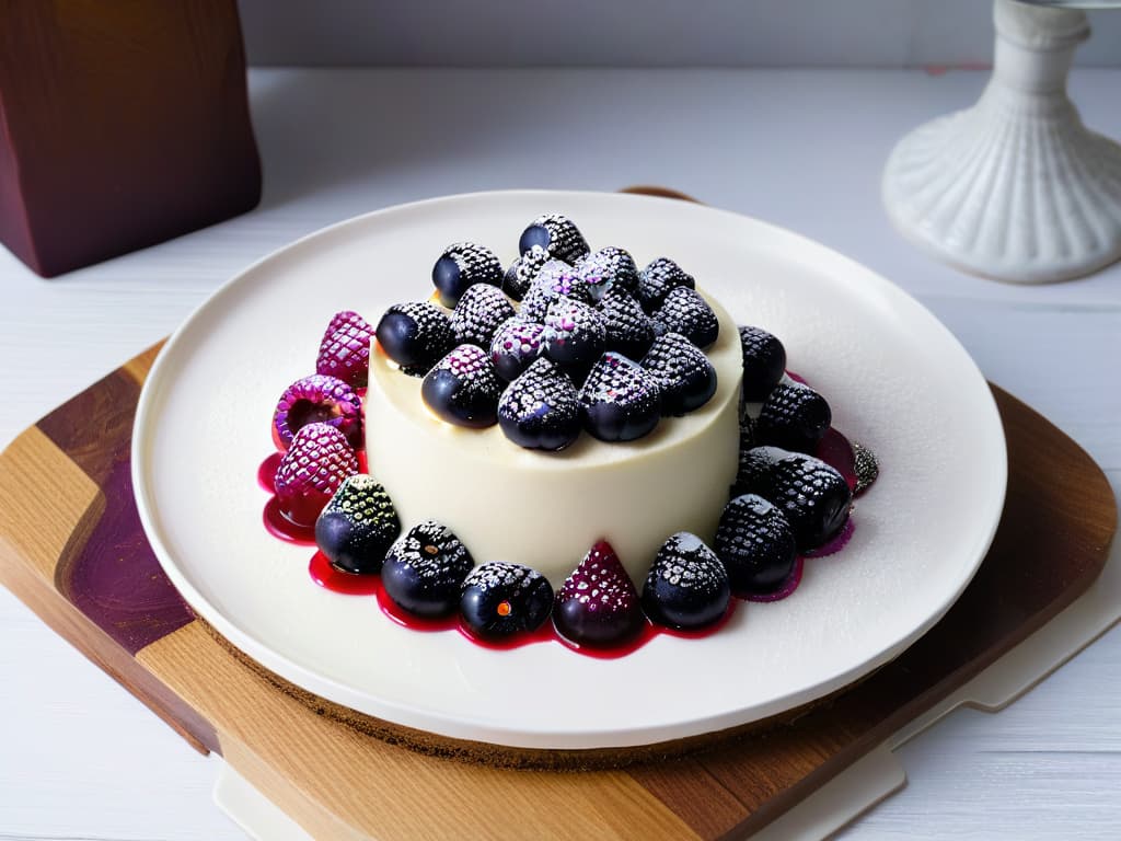  An ultradetailed, minimalist image of a delectable and artfully arranged dessert plate featuring a variety of vibrant Andean blackberries elegantly garnishing a decadent slice of cheesecake. The blackberries are arranged in a visually pleasing manner, with their deep purple hues contrasting beautifully against the creamy cheesecake, all set against a simple, pristine white plate. The image captures the exquisite beauty and elegance of using Andean blackberries in desserts, enticing the viewer with its sophisticated presentation and rich color palette. hyperrealistic, full body, detailed clothing, highly detailed, cinematic lighting, stunningly beautiful, intricate, sharp focus, f/1. 8, 85mm, (centered image composition), (professionally color graded), ((bright soft diffused light)), volumetric fog, trending on instagram, trending on tumblr, HDR 4K, 8K