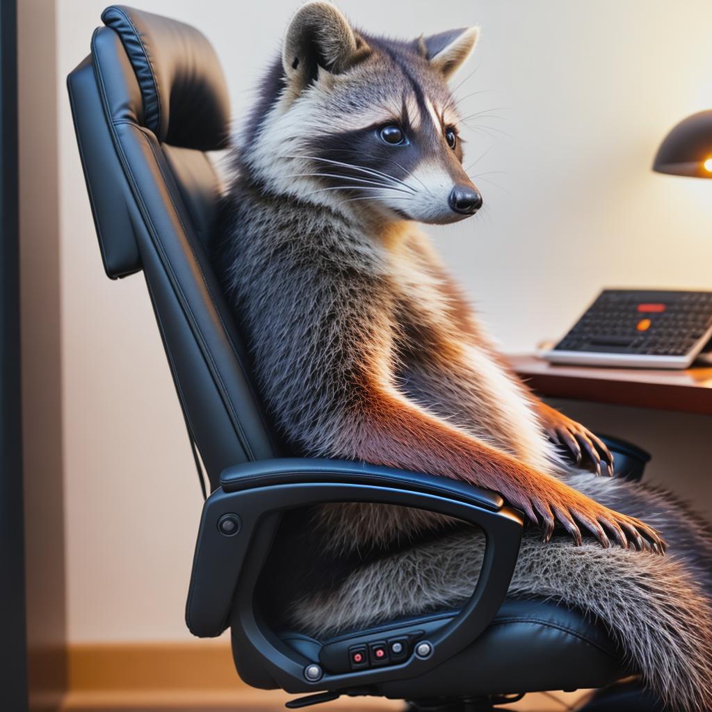  raccoon sitting in gaming chair front a computer on desktop, ((semi anthropomorphic)),(full body), tail, belly, sitting, fat, (chubby), (((white background))), solo, desktop, gaming chair, side view,  [[[clothes]]] hyperrealistic, full body, detailed clothing, highly detailed, cinematic lighting, stunningly beautiful, intricate, sharp focus, f/1. 8, 85mm, (centered image composition), (professionally color graded), ((bright soft diffused light)), volumetric fog, trending on instagram, trending on tumblr, HDR 4K, 8K