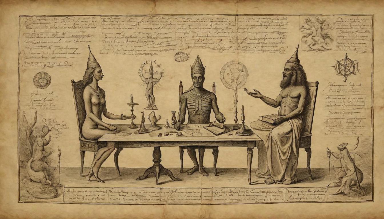  on parchment, surrealism++, Human figure and reptilian figure exchanging a respectful nod, sitting at a table with symbols of their interests, artifacts, books, and mystical objects, aura of mutual respect, harmonious(mysterious, provocative, symbolic)++