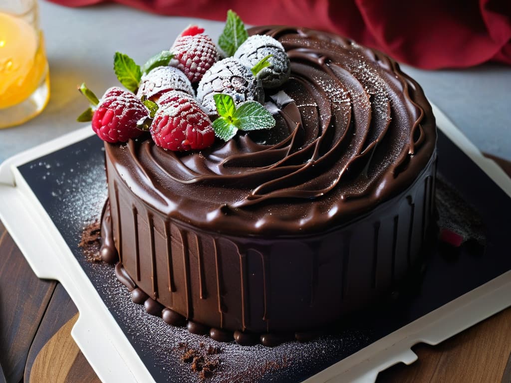  A closeup, ultradetailed photograph of a perfectly glazed and garnished vegan chocolate cake, showcasing intricate swirls of dairyfree chocolate ganache and topped with fresh raspberries and mint leaves. The cake sits on a sleek, matte black plate, emphasizing the contrast of textures and colors. The dark, rich tones of the cake against the minimalist backdrop create a visually striking and appetizing image that conveys elegance and indulgence. hyperrealistic, full body, detailed clothing, highly detailed, cinematic lighting, stunningly beautiful, intricate, sharp focus, f/1. 8, 85mm, (centered image composition), (professionally color graded), ((bright soft diffused light)), volumetric fog, trending on instagram, trending on tumblr, HDR 4K, 8K