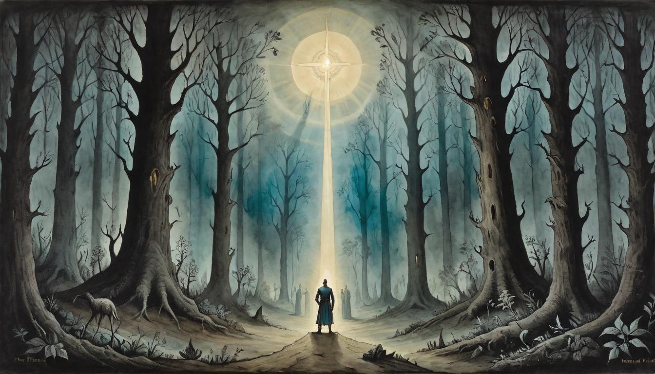  on parchment, surrealism+++, a figure radiating light, standing amid a dark forest, other figures emerging from the shadows into the light, awakening, transformative, enlightening(mysterious, provocative, symbolic,muted color)+++