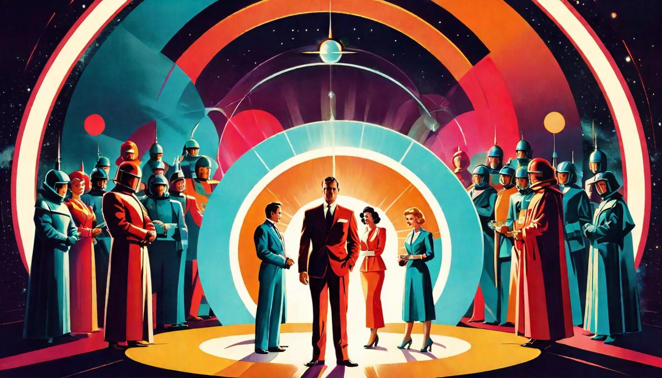  retro futuristic Group of individuals each holding a small light, standing in a circle, Unity in individuality, empowerment through self reliance lvintage sci fi, 50s and 60s style, atomic age, vibrant, highly detailed