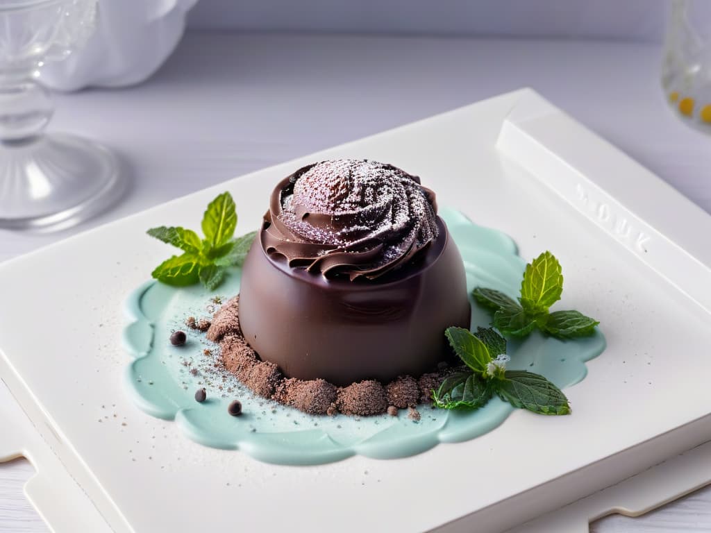  A minimalist, ultradetailed image of a delicately crafted lavenderinfused chocolate truffle sprinkled with cardamom dust, resting on a sleek white porcelain plate adorned with fresh sprigs of mint. The truffle's smooth, glossy surface reflects the soft ambient lighting, highlighting intricate swirls of dark chocolate and subtle purple hues from the lavender infusion. The background is a subtle gradient of pastel colors, enhancing the elegance and sophistication of this innovative dessert. hyperrealistic, full body, detailed clothing, highly detailed, cinematic lighting, stunningly beautiful, intricate, sharp focus, f/1. 8, 85mm, (centered image composition), (professionally color graded), ((bright soft diffused light)), volumetric fog, trending on instagram, trending on tumblr, HDR 4K, 8K