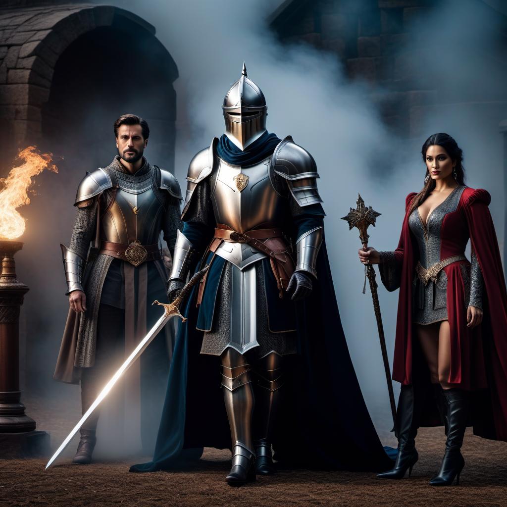  A knight, a sorcerer, and a magician are standing next to each other. hyperrealistic, full body, detailed clothing, highly detailed, cinematic lighting, stunningly beautiful, intricate, sharp focus, f/1. 8, 85mm, (centered image composition), (professionally color graded), ((bright soft diffused light)), volumetric fog, trending on instagram, trending on tumblr, HDR 4K, 8K