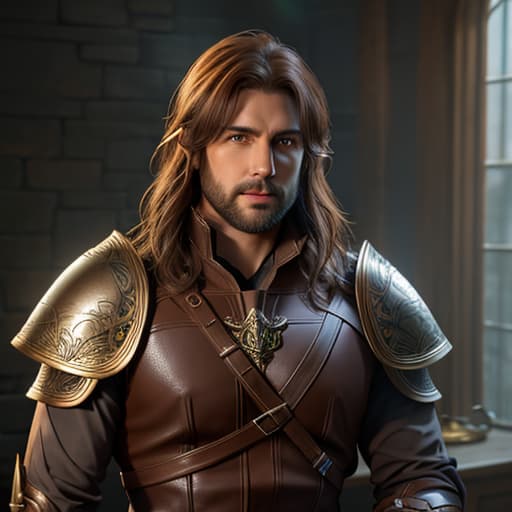  a dungeons and dragons character half elf male cleric and ranger with brown shoulder length hair anda short brown beard has a sword and wears brown leather armor hyperrealistic, full body, detailed clothing, highly detailed, cinematic lighting, stunningly beautiful, intricate, sharp focus, f/1. 8, 85mm, (centered image composition), (professionally color graded), ((bright soft diffused light)), volumetric fog, trending on instagram, trending on tumblr, HDR 4K, 8K