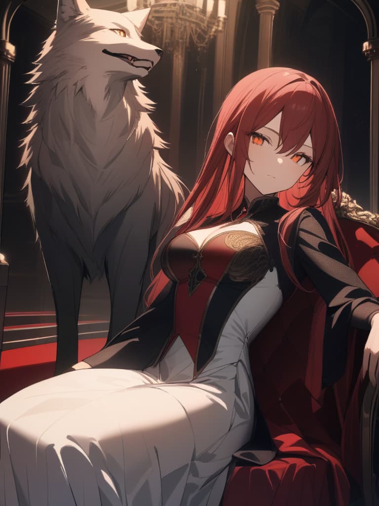  Girl next to wolf,red haired wolf (((red haired wolf: 1.5 times the size of the girl,lustrous hair,golden eye color))),black haired girl: vampire,lustrous hair color,delicate red eye color,beautiful face,dignified appearance,throne room,dark background,masterpiece,ultra precise,ultra high resolution,ultra analytical,absurd, masterpiece, best quality,8k,ultra detailed,high resolution,an extremely delicate and beautiful,hyper detail