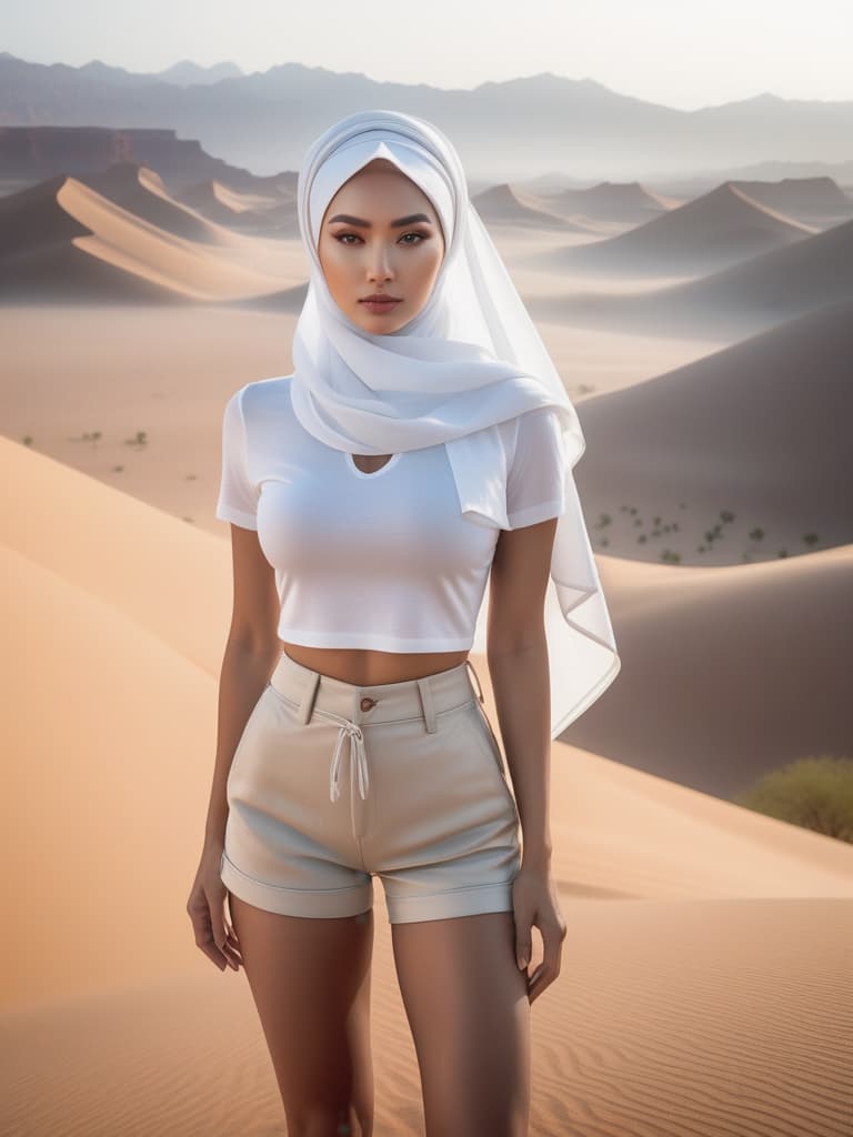  Half body portrait,Young Asian Man Tourist wear summer casual short sleeve t shirt and shorts , tie a solid white casual Headscarf standing in desert, look at to camera, cinematic lighting, stunningly beautiful, intricate, sharp focus, f/1. 8, 85mm, (professionally color graded), ((bright soft diffused light)), volumetric fog, trending on instagram, trending on tumblr, HDR 4K, 8K hyperrealistic, full body, detailed clothing, highly detailed, cinematic lighting, stunningly beautiful, intricate, sharp focus, f/1. 8, 85mm, (centered image composition), (professionally color graded), ((bright soft diffused light)), volumetric fog, trending on instagram, trending on tumblr, HDR 4K, 8K