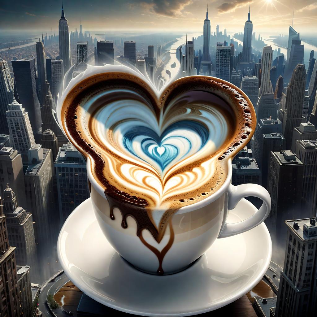  (best quality, masterpiece), (((high detail))), A coffee miracle that has a heart shape layered up in front of a view of a turbulent city