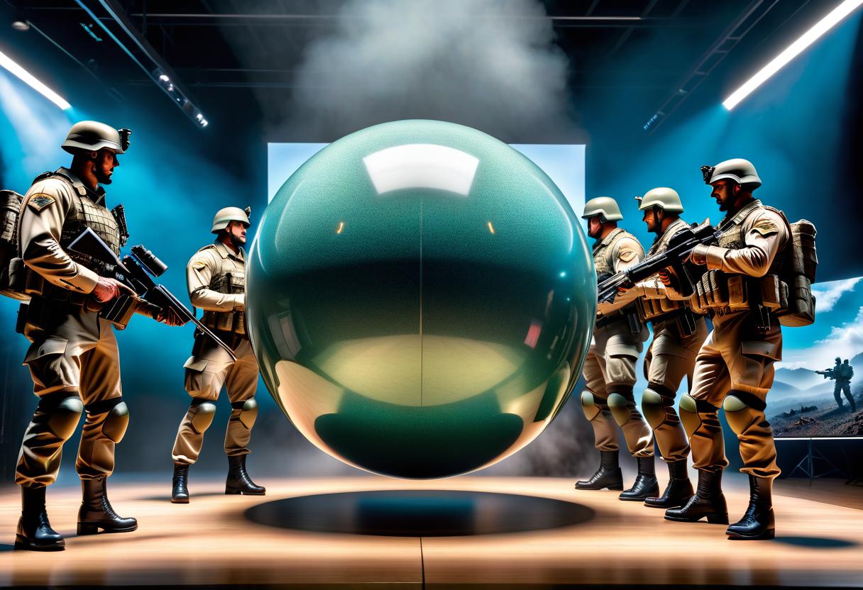  breathtaking Inside a 3D sphere, a war is going on with soldiers. . award winning, professional, highly detailed hyperrealistic, full body, detailed clothing, highly detailed, cinematic lighting, stunningly beautiful, intricate, sharp focus, f/1. 8, 85mm, (centered image composition), (professionally color graded), ((bright soft diffused light)), volumetric fog, trending on instagram, trending on tumblr, HDR 4K, 8K