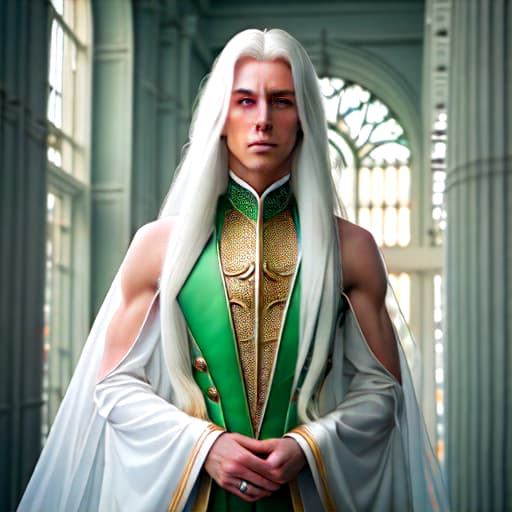  long white hair and green eyes boy hyperrealistic, full body, detailed clothing, highly detailed, cinematic lighting, stunningly beautiful, intricate, sharp focus, f/1. 8, 85mm, (centered image composition), (professionally color graded), ((bright soft diffused light)), volumetric fog, trending on instagram, trending on tumblr, HDR 4K, 8K