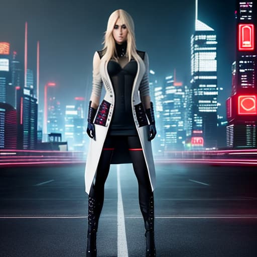  top quality,cityscape,cloudy,in the cyberpunk city,monochrome,long blonde hair, arm above head,uniform, red eys hyperrealistic, full body, detailed clothing, highly detailed, cinematic lighting, stunningly beautiful, intricate, sharp focus, f/1. 8, 85mm, (centered image composition), (professionally color graded), ((bright soft diffused light)), volumetric fog, trending on instagram, trending on tumblr, HDR 4K, 8K