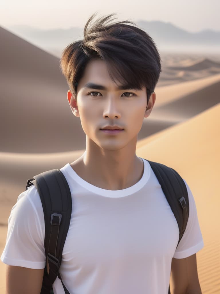  Half body portrait,Young Asian Male Tourist wear solid white casual short sleeve t shirt, standing in desert, look at to camera, cinematic lighting, stunningly beautiful, intricate, sharp focus, f/1. 8, 85mm, (professionally color graded), ((bright soft diffused light)), volumetric fog, trending on instagram, trending on tumblr, HDR 4K, 8K hyperrealistic, full body, detailed clothing, highly detailed, cinematic lighting, stunningly beautiful, intricate, sharp focus, f/1. 8, 85mm, (centered image composition), (professionally color graded), ((bright soft diffused light)), volumetric fog, trending on instagram, trending on tumblr, HDR 4K, 8K