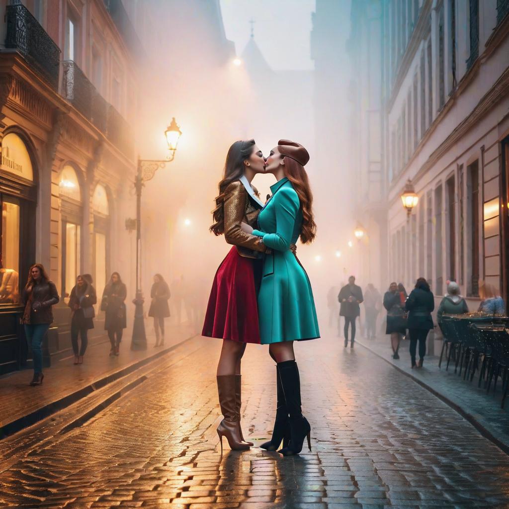  Two tall girls are kissing. hyperrealistic, full body, detailed clothing, highly detailed, cinematic lighting, stunningly beautiful, intricate, sharp focus, f/1. 8, 85mm, (centered image composition), (professionally color graded), ((bright soft diffused light)), volumetric fog, trending on instagram, trending on tumblr, HDR 4K, 8K
