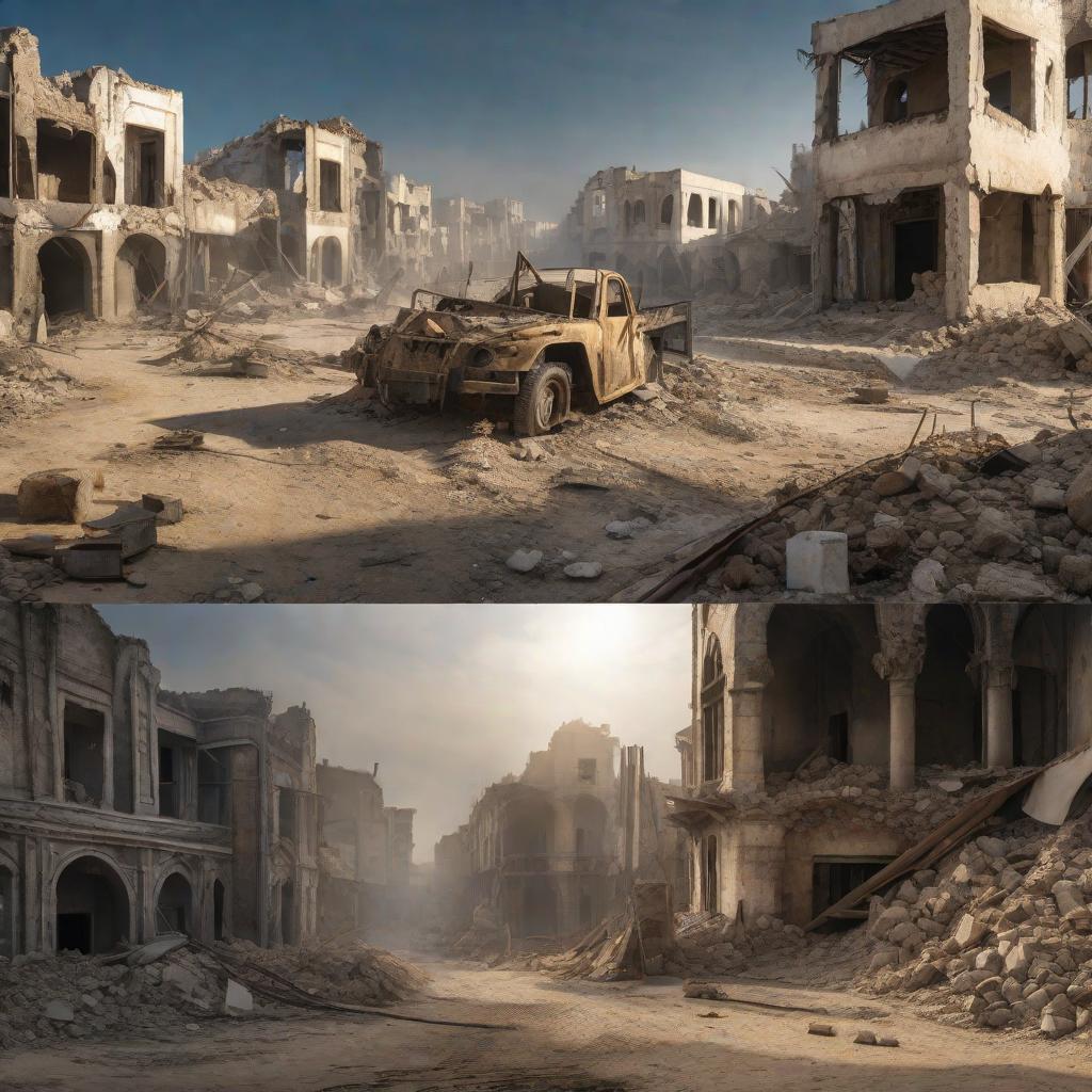  A picture of Gaza showing destroyed buildings and ruins from the war. Despite the destruction, high quality high detail painting by Rembrandt, hd, photorealistic lighting, style of Rembrandt hyperrealistic, full body, detailed clothing, highly detailed, cinematic lighting, stunningly beautiful, intricate, sharp focus, f/1. 8, 85mm, (centered image composition), (professionally color graded), ((bright soft diffused light)), volumetric fog, trending on instagram, trending on tumblr, HDR 4K, 8K