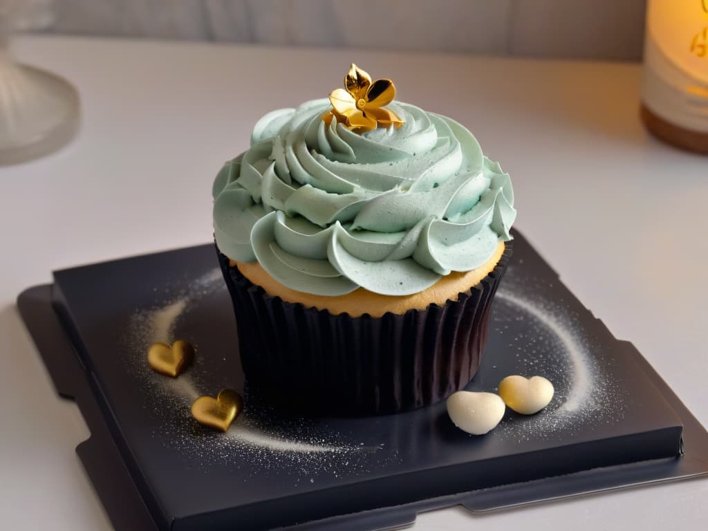  A closeup, ultradetailed image of a perfectly frosted cupcake with delicate swirls of pastelcolored buttercream, topped with a single shimmering silver dragee and a sprinkle of edible gold flakes. The cupcake sits on a sleek, matte black plate against a soft, blurred background that subtly highlights the intricate details of the frosting and decorations. The lighting is soft and natural, casting a gentle glow on the cupcake to emphasize its flawless presentation and highquality ingredients. hyperrealistic, full body, detailed clothing, highly detailed, cinematic lighting, stunningly beautiful, intricate, sharp focus, f/1. 8, 85mm, (centered image composition), (professionally color graded), ((bright soft diffused light)), volumetric fog, trending on instagram, trending on tumblr, HDR 4K, 8K