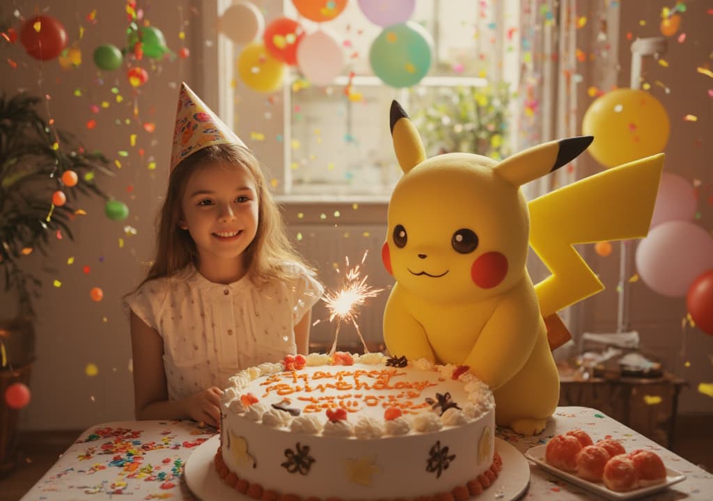  good quality, high quality, a hyper realistic scene of a young joyfully celeting her birthday with pikachu. the setting is a bright, festive living room, filled with colorful balloons and streamers hanging from the ceiling. in the center, a large birthday cake sits on a decorated table, with the message 'happy birthday anu didi' written on it in icing. the is wearing a party hat, smiling happily, as pikachu stands beside her, holding a small sparkler in its hand. confetti is gently falling through the air, adding to the celetory mood. the room is filled with friends and family, their faces lit with joy, as vint decorations surround the scene. pikachu's yellow fur and the warm, ambient lighting create a cozy, fun atmospher