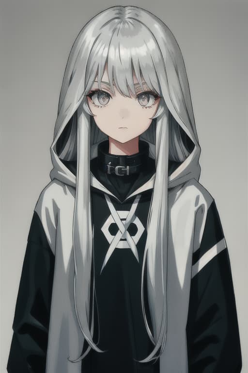  Girl, silver long hair, silver eyes, oversized, black hoodie, collar