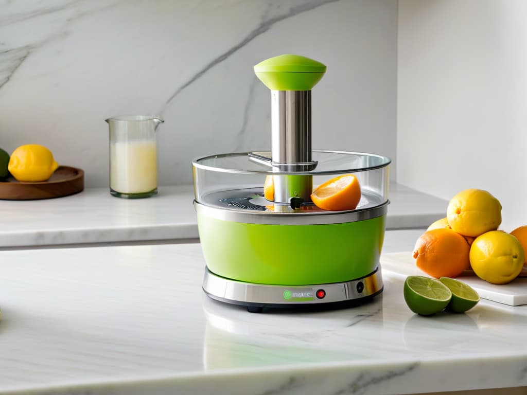  A sleek, minimalist image of a modern electric citrus juicer on a marble countertop, surrounded by vibrant lemons, limes, and oranges. The juicer is casting a soft shadow, emphasizing its elegant design and functionality. The background is blurred to keep the focus on the juicer, creating a visually appealing and professional image that complements the theme of innovative dessert recipes using electric citrus juicers. hyperrealistic, full body, detailed clothing, highly detailed, cinematic lighting, stunningly beautiful, intricate, sharp focus, f/1. 8, 85mm, (centered image composition), (professionally color graded), ((bright soft diffused light)), volumetric fog, trending on instagram, trending on tumblr, HDR 4K, 8K