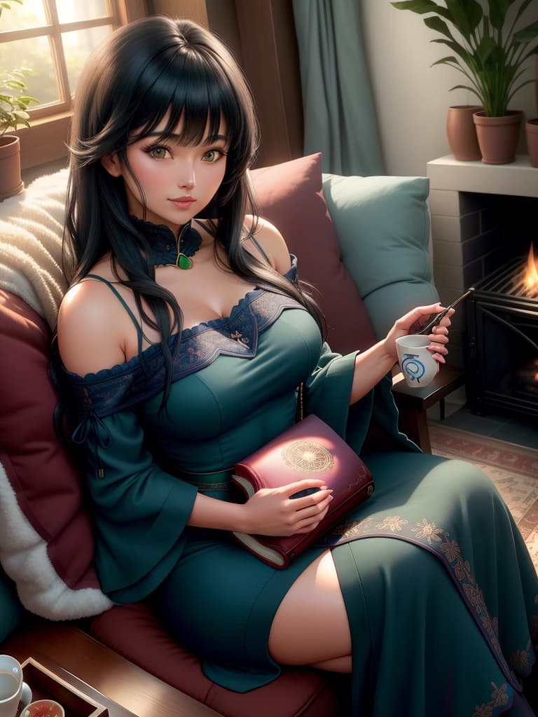  An cute and anime wearing blue china dress, black mid length hair with bangs, bare shoulders, bare arms, exudes feminine charm, greeny eyes with attractive lashes, full subtle mauve lipstick, large s covered by curved fit dress, blush, expression on face Background:cozy living room with a crackling fireplace, plush sofas with throw pillows, warm ambient lighting, wooden bookshelves filled with books, a soft knitted throw blanket on an armchair, family photos on the mantelpiece, a lazy cat sleeping on a window sill, a steaming mug of tea on a side table, indoor plants adding a touch of green, hardwood floors with a area rug, tranquil and inviting atmosphere. Dress: , no jewelry hyperrealistic, full body, detailed clothing, highly detailed, cinematic lighting, stunningly beautiful, intricate, sharp focus, f/1. 8, 85mm, (centered image composition), (professionally color graded), ((bright soft diffused light)), volumetric fog, trending on instagram, trending on tumblr, HDR 4K, 8K