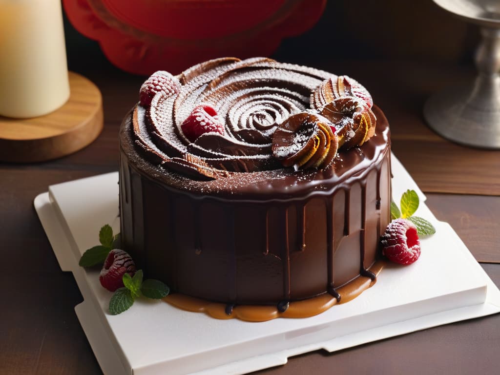  A closeup, ultradetailed image of a rich, decadent chocolate cake with intricate swirls of caramel sauce drizzled elegantly on top. The cake is adorned with perfectly placed raspberries and mint leaves, showcasing the perfect balance of flavors and textures. The glossy finish of the chocolate ganache glimmers in the soft lighting, inviting the viewer to indulge in the luxurious dessert that embodies the essence of fair trade ingredients. hyperrealistic, full body, detailed clothing, highly detailed, cinematic lighting, stunningly beautiful, intricate, sharp focus, f/1. 8, 85mm, (centered image composition), (professionally color graded), ((bright soft diffused light)), volumetric fog, trending on instagram, trending on tumblr, HDR 4K, 8K