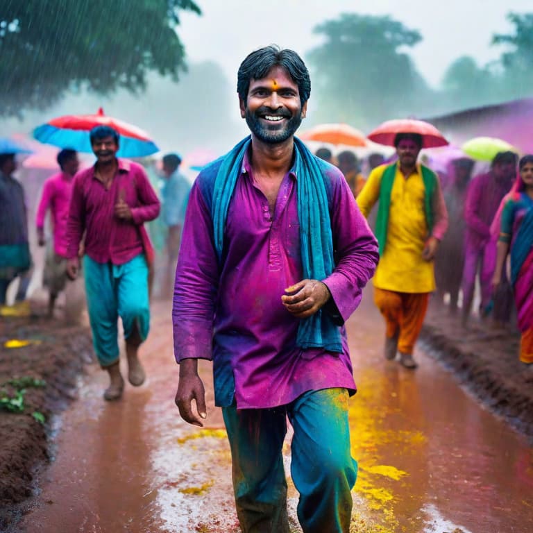  Farmers celebrating Holi, in rain, happy face hyperrealistic, full body, detailed clothing, highly detailed, cinematic lighting, stunningly beautiful, intricate, sharp focus, f\/1. 8, 85mm, (centered image composition), (professionally color graded), ((bright soft diffused light)), volumetric fog, trending on instagram, trending on tumblr, HDR 4K, 8K