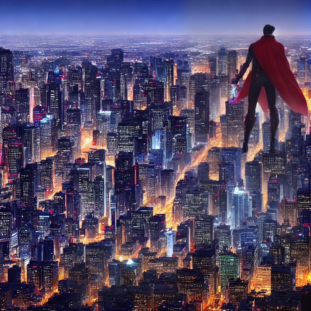  ((Masterpiece)), (((best quality))), 8k, high detailed, ultra-detailed. A superhero with pale skin, jet black hair, and a blue skinsuit and red cape eating a zucchini. The superhero is standing in a cityscape at night, with tall skyscrapers in the background. The city is bathed in a neon purple glow, creating a futuristic and vibrant atmosphere. hyperrealistic, full body, detailed clothing, highly detailed, cinematic lighting, stunningly beautiful, intricate, sharp focus, f/1. 8, 85mm, (centered image composition), (professionally color graded), ((bright soft diffused light)), volumetric fog, trending on instagram, trending on tumblr, HDR 4K, 8K