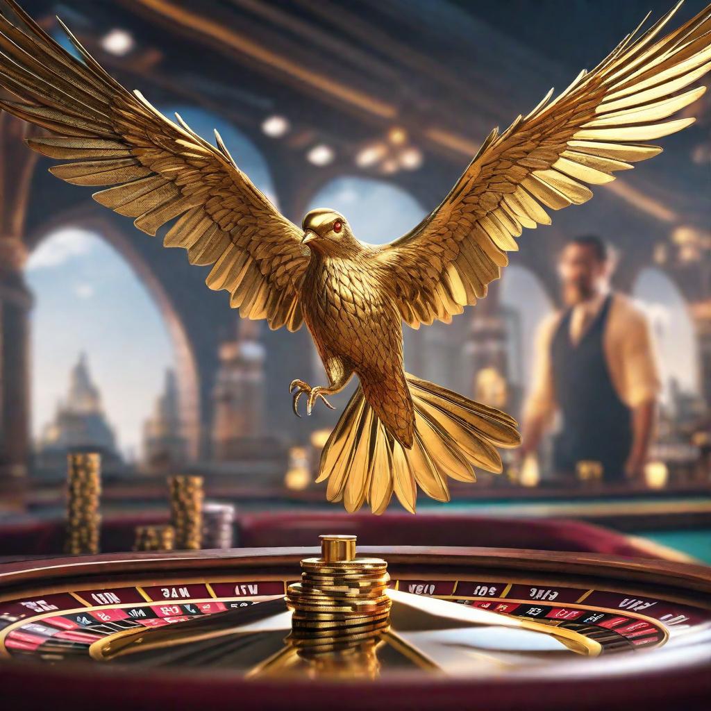  Crear logo con la imagen de un hermoso y elegante picaflor dorado volando sobre una ruleta de casino y por debajo la frase goldbird.bet . hyperrealistic, full body, detailed clothing, highly detailed, cinematic lighting, stunningly beautiful, intricate, sharp focus, f/1. 8, 85mm, (centered image composition), (professionally color graded), ((bright soft diffused light)), volumetric fog, trending on instagram, trending on tumblr, HDR 4K, 8K