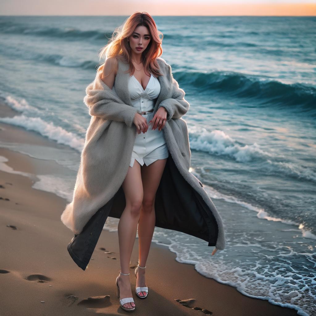  Girl on the beach hyperrealistic, full body, detailed clothing, highly detailed, cinematic lighting, stunningly beautiful, intricate, sharp focus, f/1. 8, 85mm, (centered image composition), (professionally color graded), ((bright soft diffused light)), volumetric fog, trending on instagram, trending on tumblr, HDR 4K, 8K