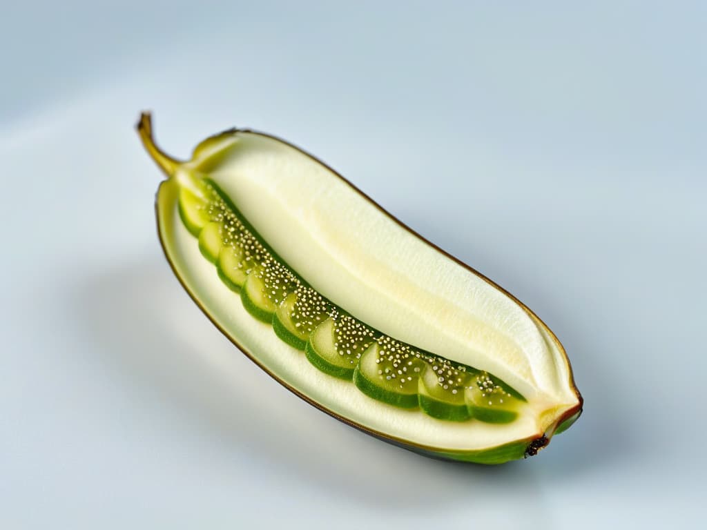  An ultradetailed closeup image of a vanilla bean pod split open, showcasing the intricate pattern of tiny seeds inside, with a soft, natural light illuminating the seeds and highlighting their glossy texture. The background is a subtle gradient from white to a pale cream color, emphasizing the purity and simplicity of the vanilla bean. hyperrealistic, full body, detailed clothing, highly detailed, cinematic lighting, stunningly beautiful, intricate, sharp focus, f/1. 8, 85mm, (centered image composition), (professionally color graded), ((bright soft diffused light)), volumetric fog, trending on instagram, trending on tumblr, HDR 4K, 8K