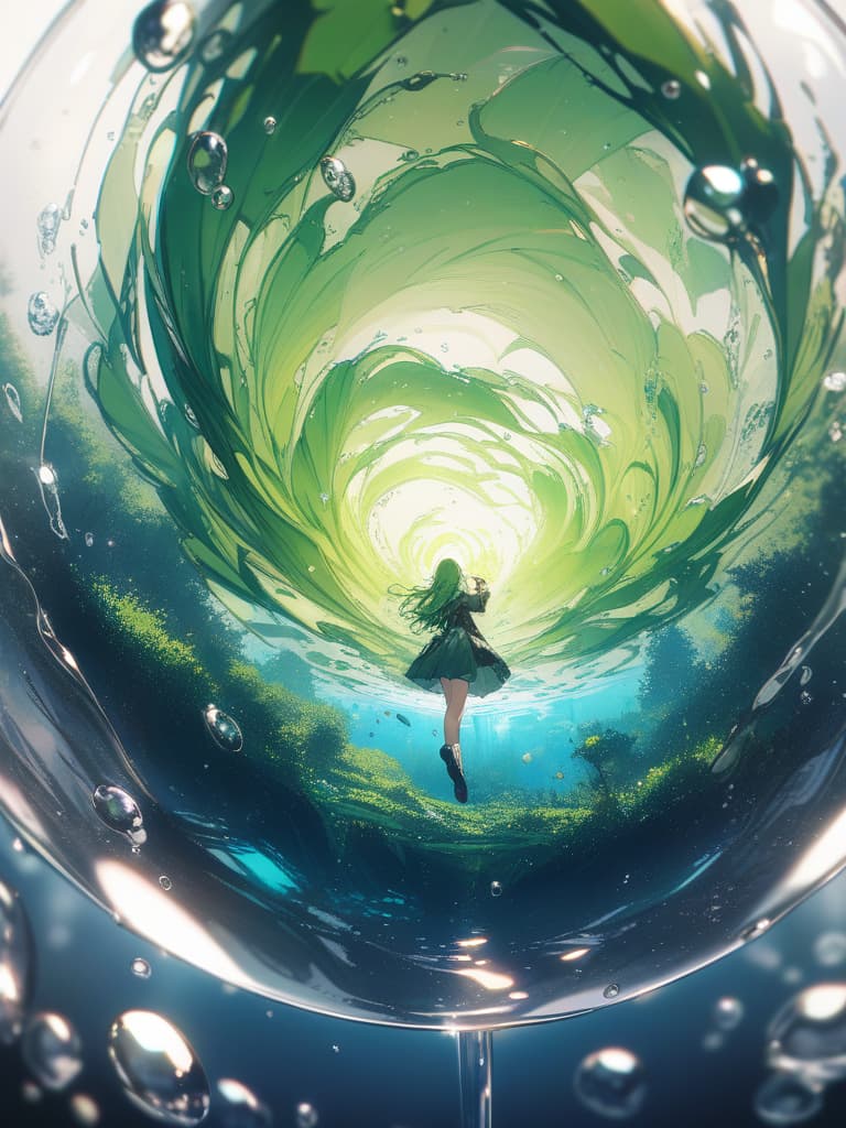  Green hair character in a large droplet drip, green hair in "water drops", masterpiece, best quality,8k,ultra detailed,high resolution,an extremely delicate and beautiful,hyper detail