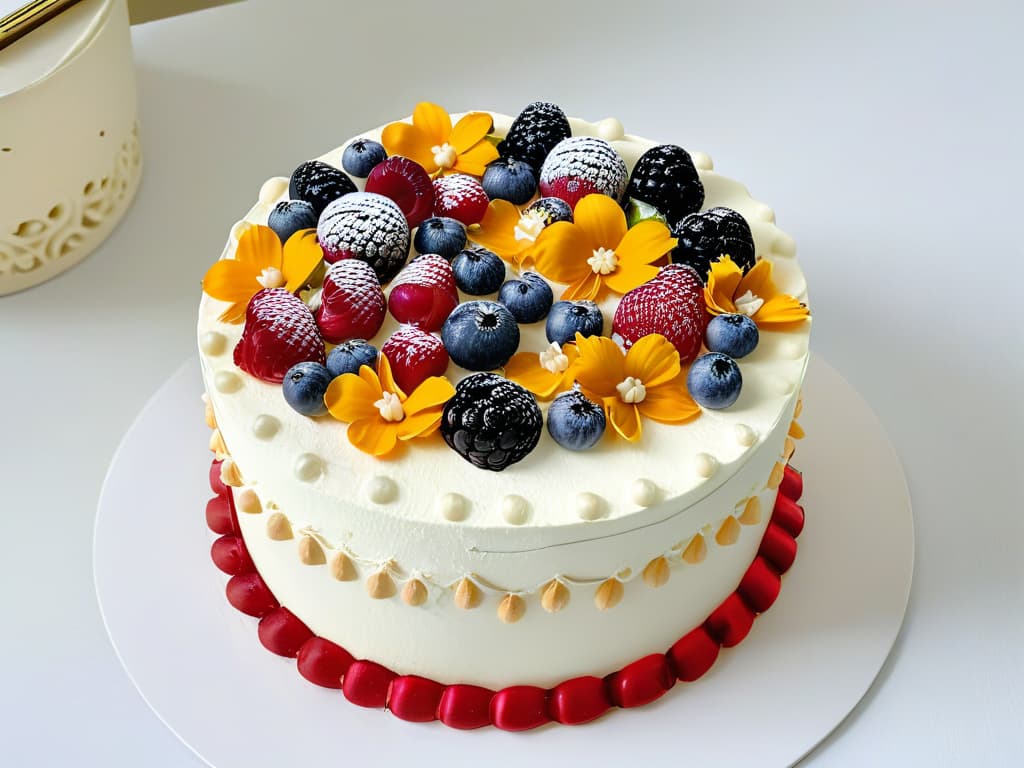  A beautifully presented vegan celebration cake adorned with vibrant edible flowers and luscious berries, set against a clean, white backdrop. The cake features intricate piping work and delicate decorations, exuding elegance and artistry. The color palette is soft and inviting, creating a visually appealing and appetizing image that perfectly complements the theme of vegan pastry for special occasions. hyperrealistic, full body, detailed clothing, highly detailed, cinematic lighting, stunningly beautiful, intricate, sharp focus, f/1. 8, 85mm, (centered image composition), (professionally color graded), ((bright soft diffused light)), volumetric fog, trending on instagram, trending on tumblr, HDR 4K, 8K