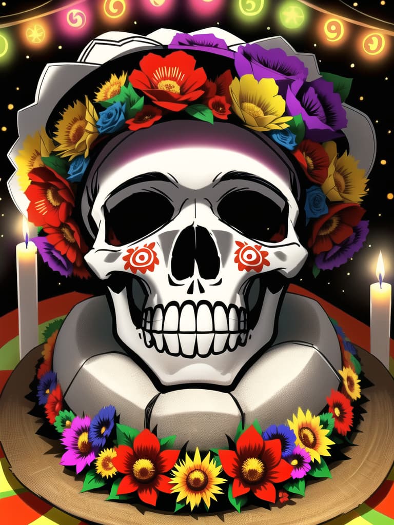  day of the dead, dia de los muertos, (sombrero hat), masterpiece, best quality, skull, (Mexican culture), traditional, celebration, festive, colorful, (Mexican festival paint), flowers, altar, candles, skeleton, spirits, Mexican holiday, vibrant, decorative, papel picado, festive makeup, cultural heritage, folk art, macabre, festive atmosphere