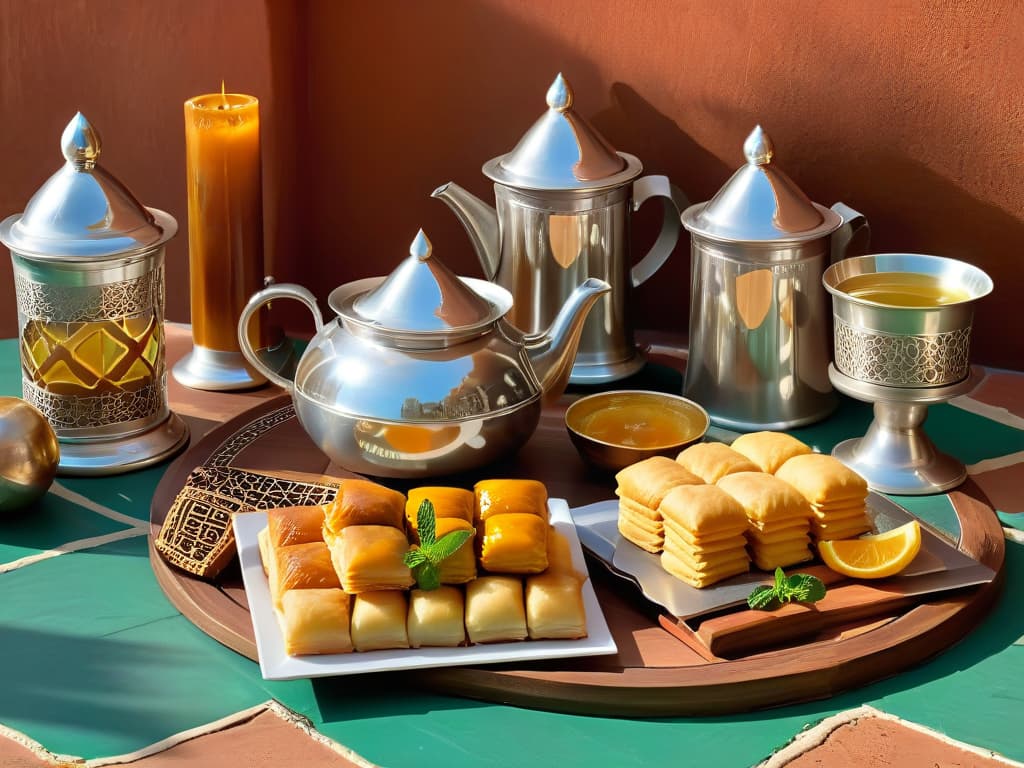  A minimalistic image of a traditional Moroccan tea set, composed of intricately designed silver teapot, delicate glasses filled with mint tea, and a plate of assorted Moroccan pastries like baklava and chebakia, set against a backdrop of a geometric Moroccan tile pattern in muted earth tones. The play of light and shadow highlights the textures and details of the objects, evoking a serene and elegant ambiance that captures the essence of Moroccan culinary heritage and cultural richness. hyperrealistic, full body, detailed clothing, highly detailed, cinematic lighting, stunningly beautiful, intricate, sharp focus, f/1. 8, 85mm, (centered image composition), (professionally color graded), ((bright soft diffused light)), volumetric fog, trending on instagram, trending on tumblr, HDR 4K, 8K