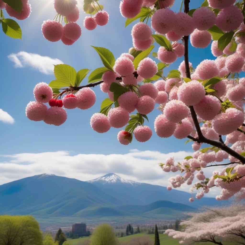  In the foreground, one large tree of cherries, the whole tree blooms.In the background of the mountain and the sky with floating clouds.The sun is shining through the clouds.