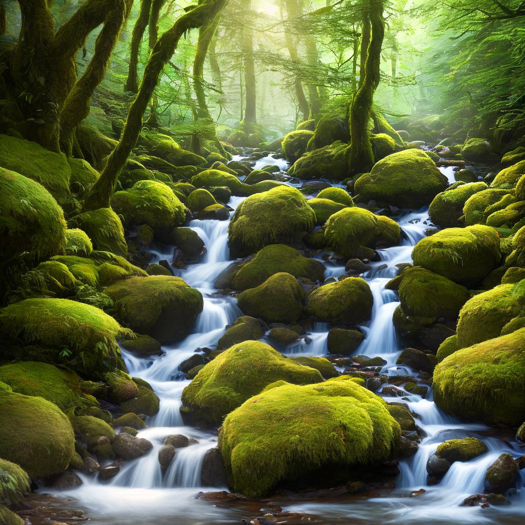 ((masterpiece)),(((best quality))), 8k, high detailed, ultra-detailed. A peaceful forest with tall evergreen trees, (a gentle stream) flowing through the woods, (a moss-covered rock) surrounded by ferns, (a family of deer) cautiously exploring their surroundings, a wooden bridge crossing the stream, (sunlight) filtering through the canopy, creating a magical atmosphere. hyperrealistic, full body, detailed clothing, highly detailed, cinematic lighting, stunningly beautiful, intricate, sharp focus, f/1. 8, 85mm, (centered image composition), (professionally color graded), ((bright soft diffused light)), volumetric fog, trending on instagram, trending on tumblr, HDR 4K, 8K