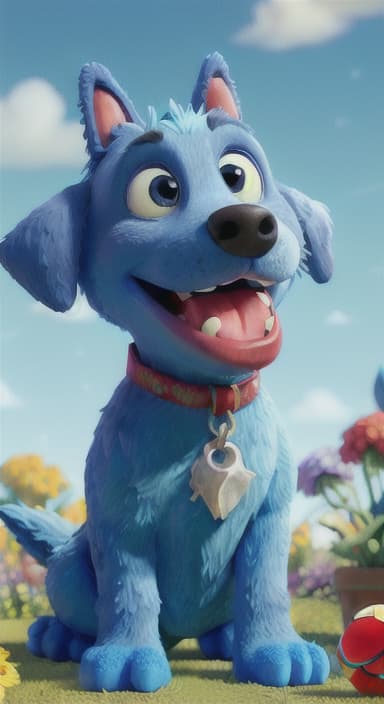  {Max carefully picking up the ball with his teeth without disturbing the flowers, The big blue dog is large with sky blue fur, big round eyes, a black nose, and floppy ears.