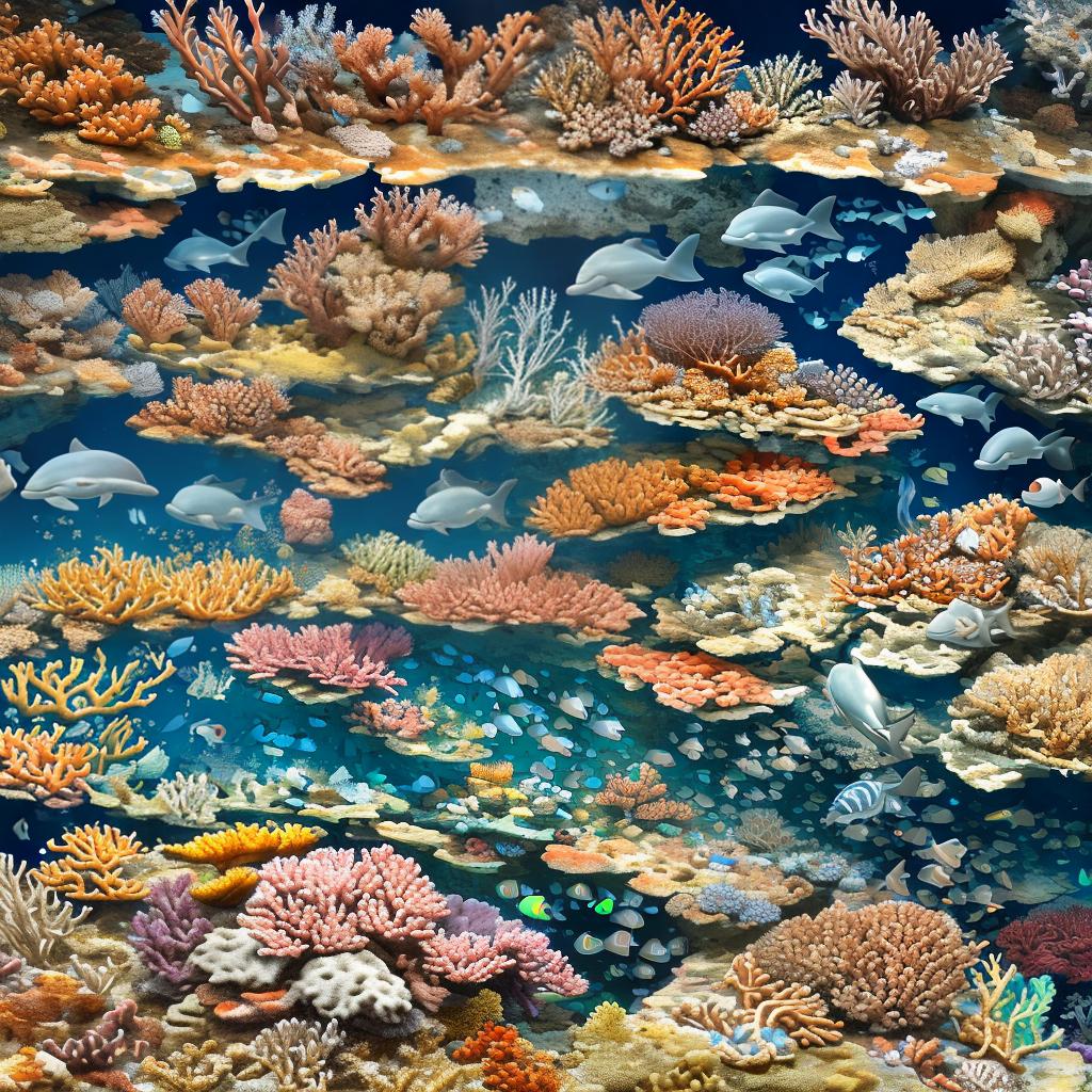  masterpiece, best quality, Most Beautiful in deep sea teeming with vibrant corals, diverse marine life, and enchanting underwater landscapes, full of corals, acrophore, small fishes, anemones, dolphin, various algaes, caves, colorful,all captured in stunning 8k resolution with intricate details.