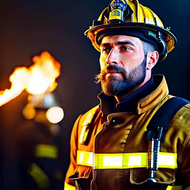  Photos, portraits, responsible, firefighters, photo hyperrealistic, full body, detailed clothing, highly detailed, cinematic lighting, stunningly beautiful, intricate, sharp focus, f/1. 8, 85mm, (centered image composition), (professionally color graded), ((bright soft diffused light)), volumetric fog, trending on instagram, trending on tumblr, HDR 4K, 8K