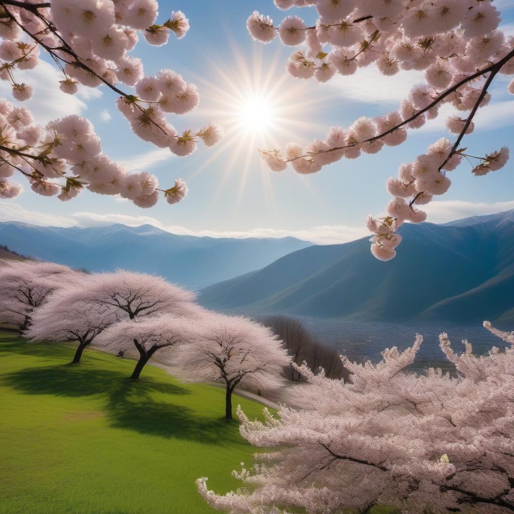  In the foreground is a cherry tree, the whole tree blooms.In the background of the mountain and the sky with floating clouds.The sun is shining through the clouds.