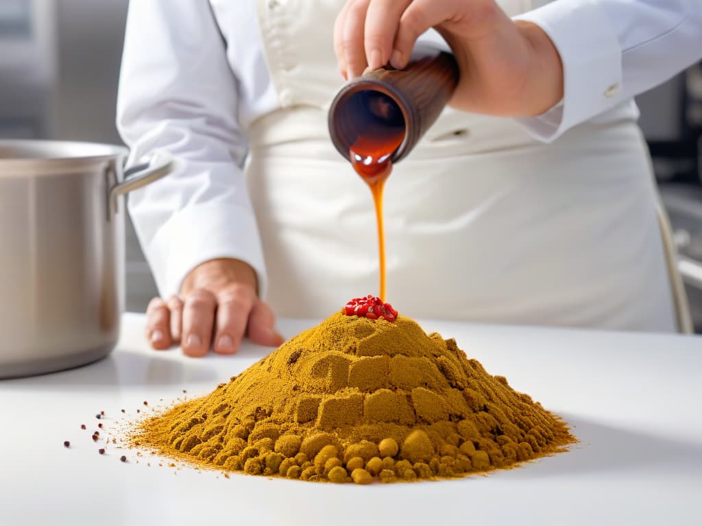  A closeup, ultradetailed image of a chef's hands expertly blending vibrant, exotic spices with a sleek, modern whisk in a pristine, white kitchen setting. The focus is on the intricate patterns and textures of the ingredients as they swirl together in a harmonious fusion of colors, symbolizing the innovative and creative blending of culinary techniques in the art of pastry making. hyperrealistic, full body, detailed clothing, highly detailed, cinematic lighting, stunningly beautiful, intricate, sharp focus, f/1. 8, 85mm, (centered image composition), (professionally color graded), ((bright soft diffused light)), volumetric fog, trending on instagram, trending on tumblr, HDR 4K, 8K