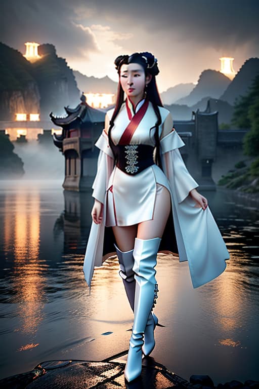  Long haired Tang Dynasty Chinese courtesan, detailed and realistic portrait of flying sky, fallen horse bun hair chignon, black glamorous eyes, red bib, white silk scarf lines on legs, bare feet, soft floodlight on water, portraiture, magical photography, cloudy rainfall, rococoism, ultra detailed, intimate portrait composition, Longmen Grottoes in the background hyperrealistic, full body, detailed clothing, highly detailed, cinematic lighting, stunningly beautiful, intricate, sharp focus, f/1. 8, 85mm, (centered image composition), (professionally color graded), ((bright soft diffused light)), volumetric fog, trending on instagram, trending on tumblr, HDR 4K, 8K