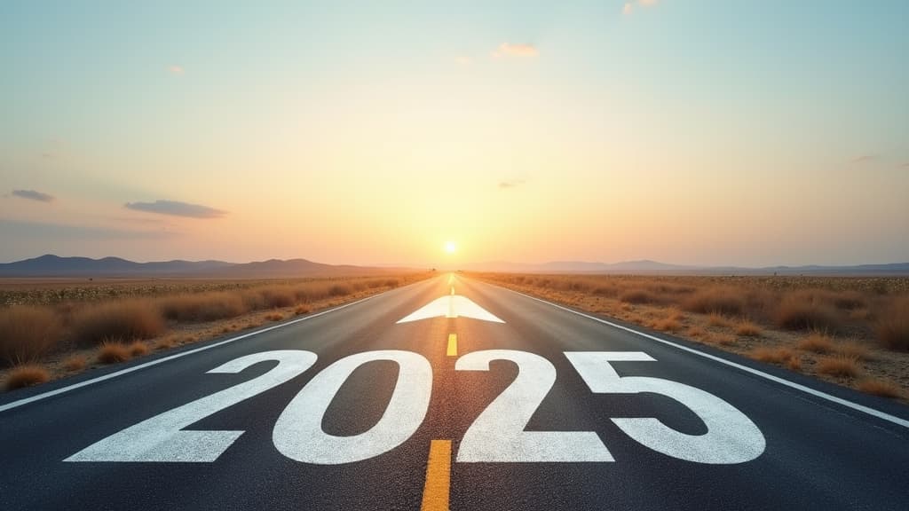  good quality, high quality, road to 2025 with an empty road with written 2025 and arrow pointing towards the horizon to represent the future and positivity and success of the new year 2025