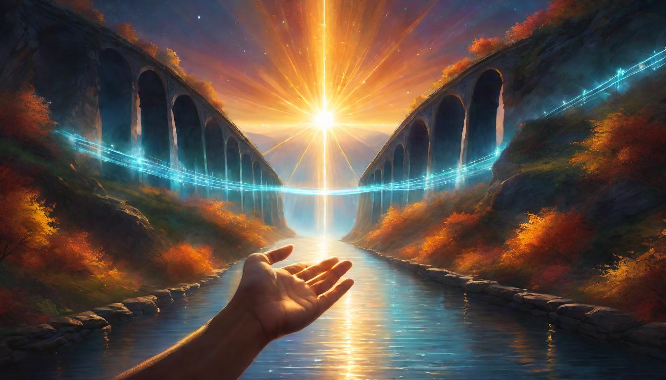  digital painting of A bridge made of light spanning between a human hand and a paw, meeting in the middle, glowing warmth, transference of compassion, radiating kindness, boundless connectivity, ethereal glow, a metaphor for boundless compassion, transcendent connection looking at viewer, dynamic pose, (intricate details, masterpiece, best quality)