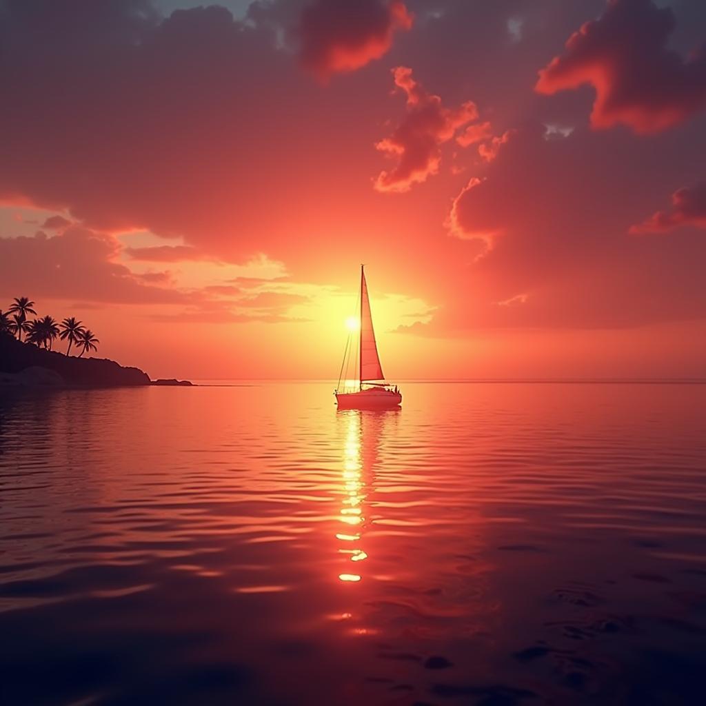  cinematic film "picture a fantastic sunset over the ocean, where the sky is painted in bright shades of orange, pink and purple. on the horizon, a sailboat is seen, slowly sailing on calm water, which reflects all the colors of the sunset. in the distance, against the sky, you can discern the silhouette of a small island with palm trees., shallow depth of field, vignette, highly detailed, high budget, bokeh, cinemascope, moody, epic, gorgeous, film grain, grainy